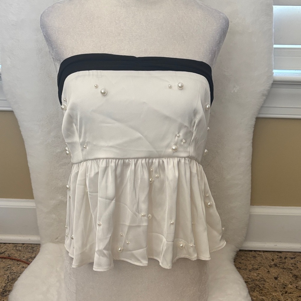 Maeve White Strapless Pearl-Embellished Peplum Top with Black Trim